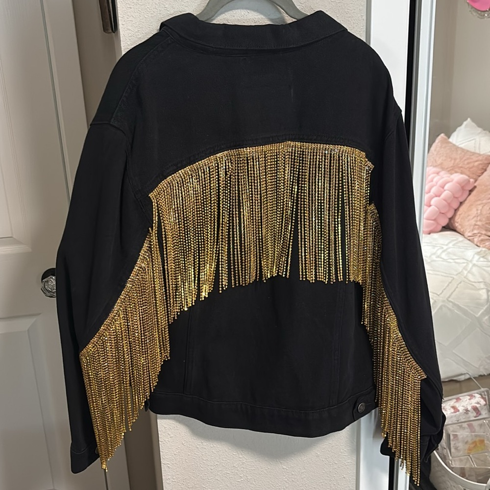 NWOT BOOT BARN JACKET DANIELXDIAMOND WOMEN'S BLACK DENIM JACKET WITH GOLD FRINGE